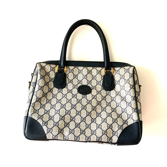 Vintage Gucci Boston Navy Blue Gray Handbag Purse Satchel Authentic - Picture 1 of 15